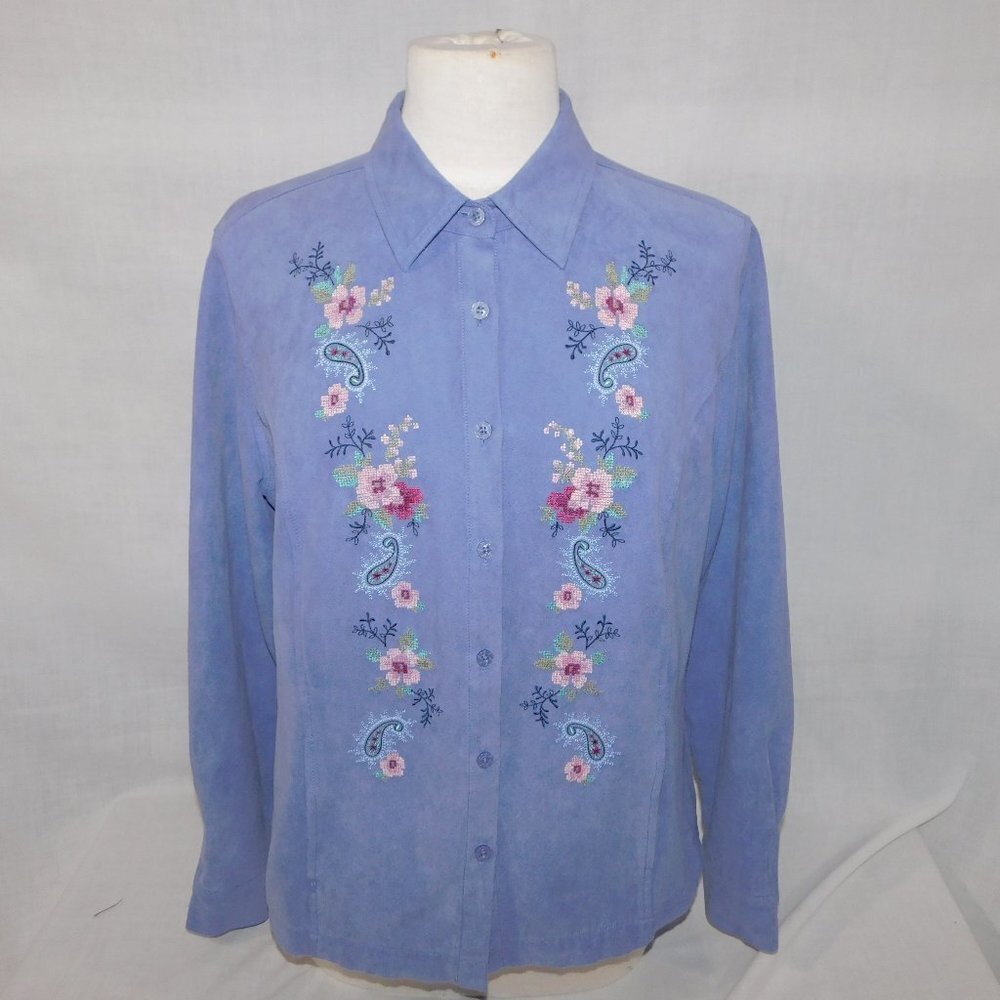 Northern Reflections periwinkle Faux Suede Button Front Shirt Embroidered M